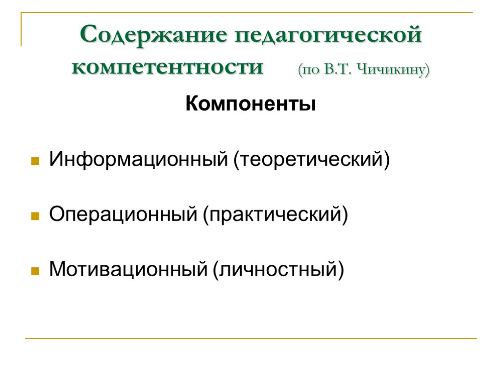 Содержание педагогической компетентности (по В.Т. Чичикину) Компоненты Информационный (теоретический) Операционный (практический) Мотивационный (личностный)